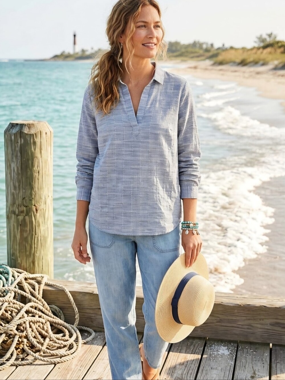 LOFT Blue Pinstripe Popover Blouse Tunic Shirt Medium Coastal Chic